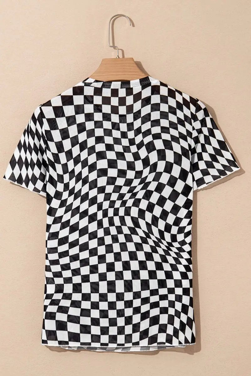 Black Checker Mesh Crew Neck T Shirt for Women Fashion - Love Salve